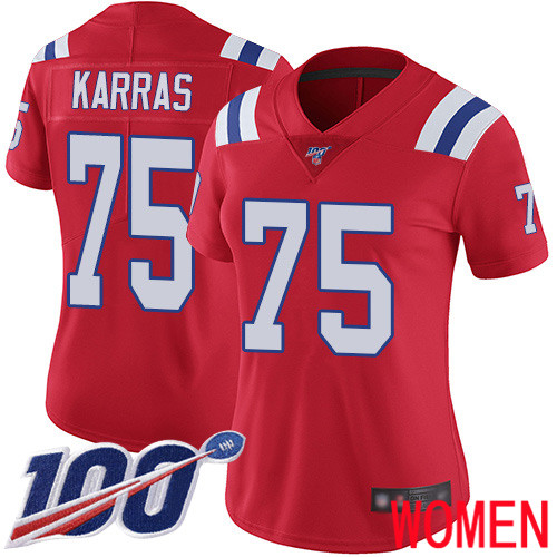 New England Patriots Football #75 Vapor Untouchable 100th Season Limited Red Women Ted Karras Alternate NFL Jersey